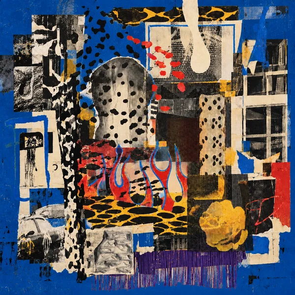 Blue, black, cream and red mixed-media collage